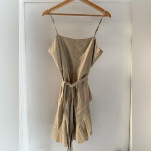 Linen Tan Spaghetti Strap Ruffle Dress